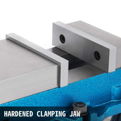 Close-up of Beefy 3 Inch Milling Vise For Bench Clamp, High Precision CNC Vise with hardened clamping jaw and solid iron construction.