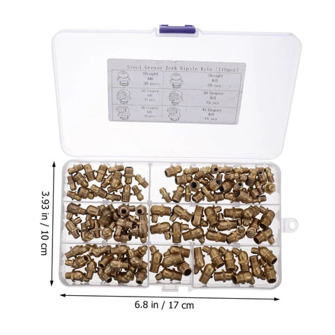 Ultimate Copper Grease Zerk Fittings Kit M6 M8 M10 With Sturdy Organizer Box for Industrial Lubrication Applications in open box