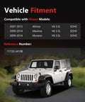 Vehicle fitment chart for Nissan Altima, Maxima, Murano 2007-2014 with Jeep Wrangler image.