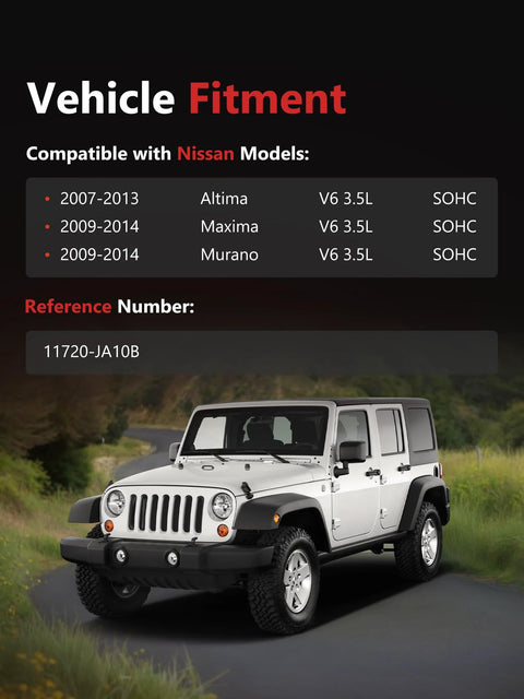 Vehicle fitment chart for Nissan Altima, Maxima, Murano 2007-2014 with Jeep Wrangler image.