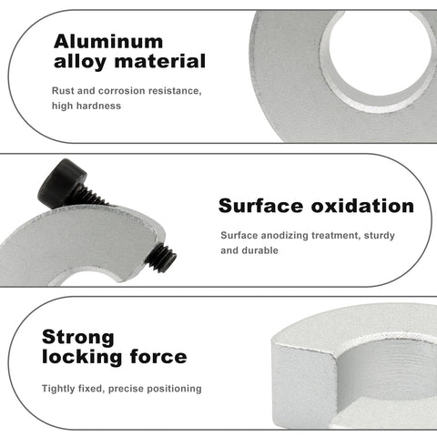 Four Pack SBR16 Clamp On Shaft Collars Aluminum Alloy Stop Rings showing material and features.
