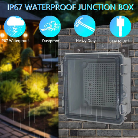 Outdoor Grade IP67 Waterproof Junction Box, Tough As Nails ABS Plastic Electrical Enclosure With Stainless Steel Latch And Hinged Cover, Includes Mounting Plate, Wall Brackets And Cable Glands, 260x160x100mm mounted on brick wall in rain