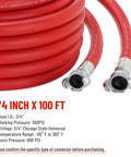 Heavy Duty 3/4 Inch X 100 Foot Red Rubber Pneumatic Air Hose For Jack Hammers With 300 PSI Pressure Featuring Secure Chicago Style Universal Thread Connection Zero Leak Proof For Demolition Jobs Where You Gotta Keep The Job Going All Day Hit Hard.