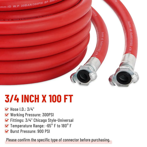Heavy Duty 3/4 Inch X 100 Foot Red Rubber Pneumatic Air Hose For Jack Hammers With 300 PSI Pressure Featuring Secure Chicago Style Universal Thread Connection Zero Leak Proof For Demolition Jobs Where You Gotta Keep The Job Going All Day Hit Hard.