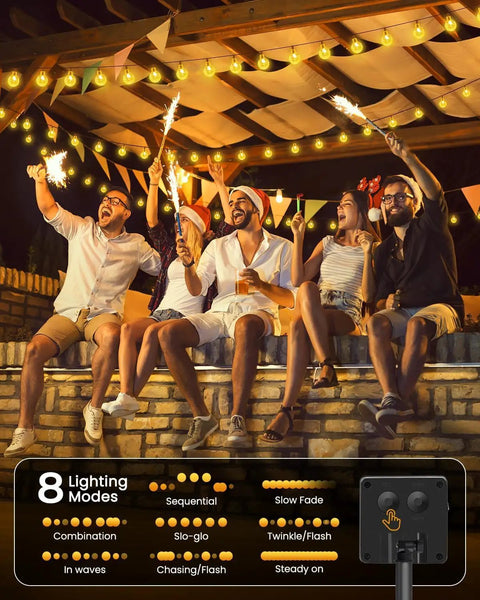 Group enjoying evening under Outdoor Waterproof Solar String Lights 2 Pack, 72 Ft Total, 120 LEDs, 8 Lighting Modes at party