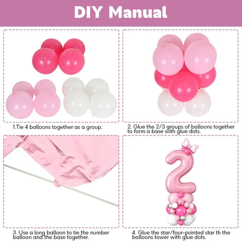 DIY steps for assembling 40 Inch Pink Number 2 Balloon Tower Kit For A 2nd Birthday Bash with pink and white balloons and star accents.