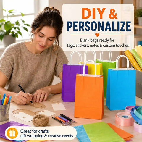 Woman crafting with 15 Pcs Gift Bags With Handles Bulk Kraft Paper Bags For Gift Wrapping Party Favors And Small Gifts Perfect For Birthdays Valentines Christmas Craft Projects And Everyday Use.