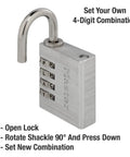 Set Your Own Four Letter Locker Lock 1 9/16 Inch Wide Indoor Padlock with shackle open, instructions for setting combination visible