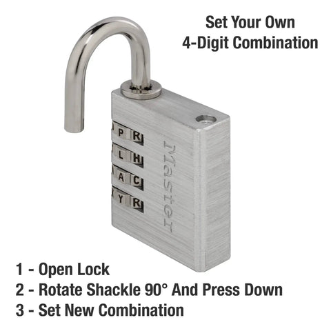 Set Your Own Four Letter Locker Lock 1 9/16 Inch Wide Indoor Padlock with shackle open, instructions for setting combination visible