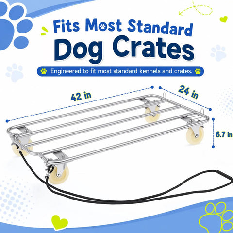 Heavy Duty Dog Crate Dolly With Rollin Wheels And Polished Chrome Casters 42 By 24 Inch Mobile Pet Transport Cart For K9 Kennels, engineered for standard dog crates.
