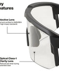 Heavy Duty Safety Glasses With Anti Fog Scratch Resistant Lenses showcasing protective lens and Optical Class-1 Clarity technology.