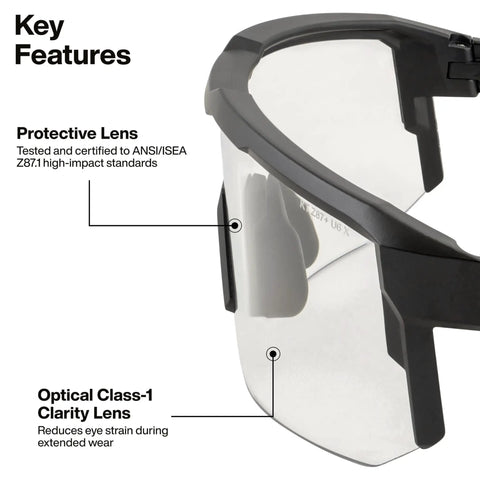 Heavy Duty Safety Glasses With Anti Fog Scratch Resistant Lenses showcasing protective lens and Optical Class-1 Clarity technology.