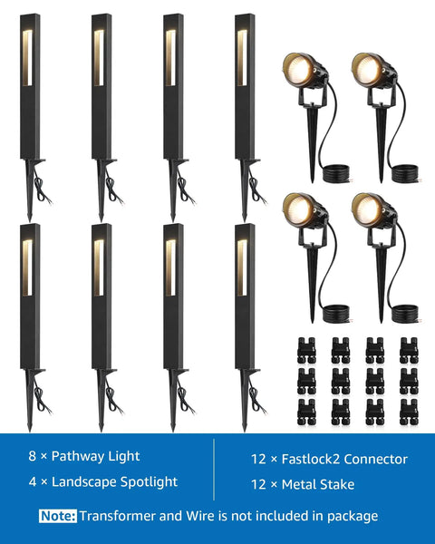 12 Pack Low Voltage Pathway Lights With 4 Spotlights Landscape Kit For Path Garden Yard And Patio Black Cast Aluminum IP65 12 24V AC DC 3000K Warm White Comes With 8 Path Lights 4 Spotlights 12 Fastlock2 Wire Connectors Transformer Not Included.