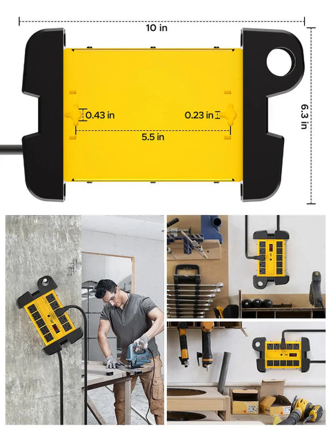 Heavy Duty 10 Outlet Power Strip With Beefy Metal Housing, 15 Amp, 125V, 15 Ft Cord, 2800 Joules Surge Protection, yellow, mounted