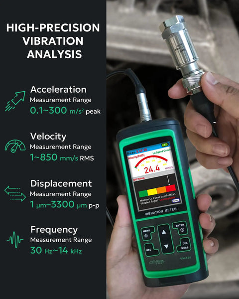 Pro Grade Vibration Analyzer VM 428 With External Sensor And PC Software For Motors Pumps Turbines And Machinery Five Parameter Diagnostics ISO Rating, handheld meter