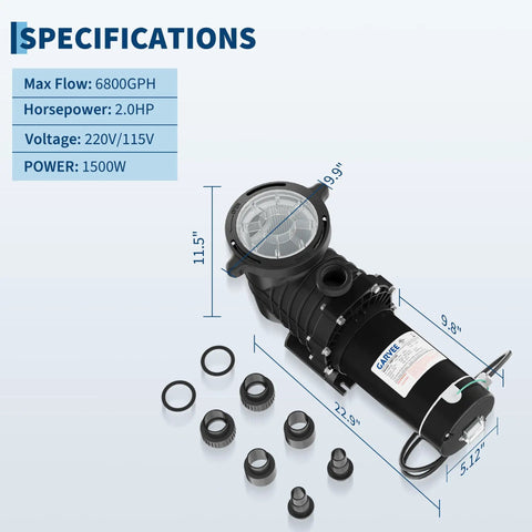 Heavy Duty Swimming Pool Pump With 2Hp Copper Motor And 1500W Output showing specifications, dimensions, and components for pool maintenance.