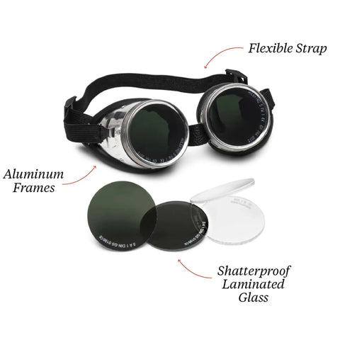 Top Shelf Shade 5 Welding Glasses With Rock Solid UV Protection And Swappable Shatterproof Safety Lenses Crafted For Plasma Cutting And Serious Shop Grind Sessions, aluminum frames and flexible strap.