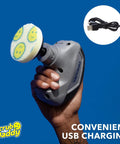Hand holding a rechargeable electric scrubber with sponge pad, promoting Tackle Stubborn Dirt Effortlessly With This Rechargeable Electric Scrubber Cleaning Kit Featuring Ten Plush Sponge Pads For No Sweat Tile Scouring That Delivers Butter Smooth Shine Across Every Hard Surface At Home.