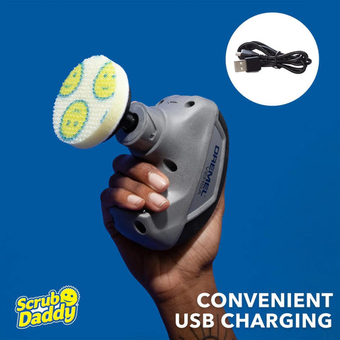 Hand holding a rechargeable electric scrubber with sponge pad, promoting Tackle Stubborn Dirt Effortlessly With This Rechargeable Electric Scrubber Cleaning Kit Featuring Ten Plush Sponge Pads For No Sweat Tile Scouring That Delivers Butter Smooth Shine Across Every Hard Surface At Home.