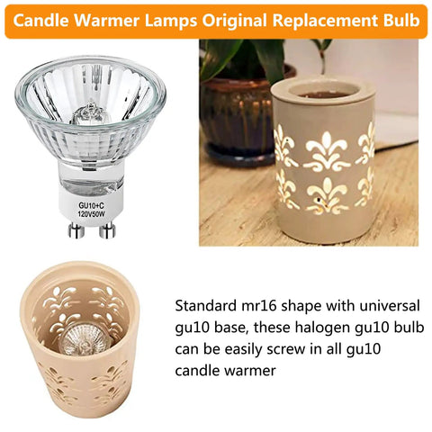 GU10 50W Halogen Replacement Bulbs For Candle Warmer Lamps, 120V Dimmable, shown with cream candle warmer and bulbs detail
