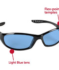 Hellraiser Safety Glasses with light blue lenses and black frame, featuring flex-point temples and polycarbonate material.