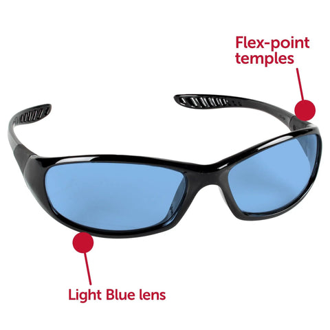 Hellraiser Safety Glasses with light blue lenses and black frame, featuring flex-point temples and polycarbonate material.