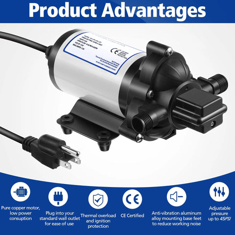 Self Priming 115V Water Pump 4 GPM 45 PSI Diaphragm Booster with fittings and power plug, CE certified