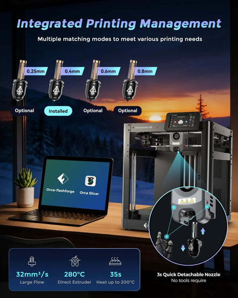 Adventurer 5M 3D Printer with Auto Leveling, Core XY Drive, 3S Quick Swap Nozzle, desktop setup, multiple nozzle options shown