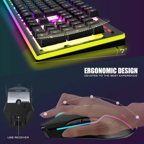 Wireless Gaming Keyboard And Mouse Combo With LED Backlit Rechargeable 3800mAh Battery Mechanical Feel Anti-Ghosting Keyboard 7D 3200DPI Mouse 2.4G High-Speed Wireless For PC Gamers showing ergonomic mouse design.