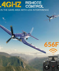RC Planes For Adults With 4 Channel RTF F4U Corsair Fighters flying over mountains, remote control visible, clear sky.
