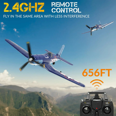 RC Planes For Adults With 4 Channel RTF F4U Corsair Fighters flying over mountains, remote control visible, clear sky.