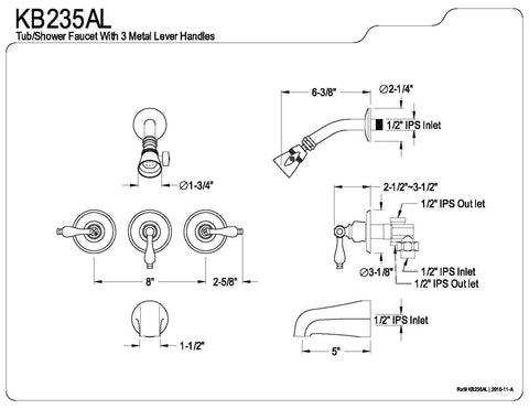 Diagram of Oil Rubbed Bronze Tub And Shower Faucet With 3 Lever Handle, Wall Mount, Solid Brass Build To Last, 5 Inch Spout Reach