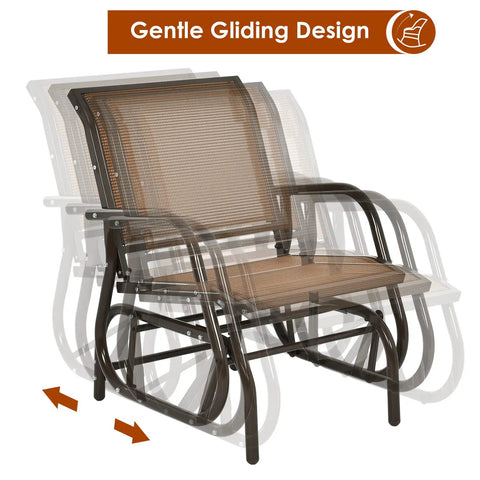 Cozy Brown Swing Glider Chair With Sturdy Metal Frame For Patio Garden Porch And Poolside Relaxation emphasizing smooth glide motion.