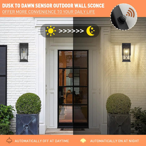Outdoor Wall Lanterns With Dusk To Dawn Sensor illuminating porch at night, sleek black aluminum design with crack-like glass, IP65 waterproof.