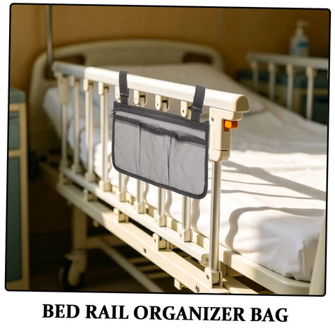 Bed Rail Organizer With 4 Pockets And Cup Holder, Universal Bedside Caddy in Gray with dark trim attached to a hospital bed rail.