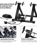 Indoor Bike Trainer Stand With 8 Levels Of Resistance showing steel frame and double-locking system details.