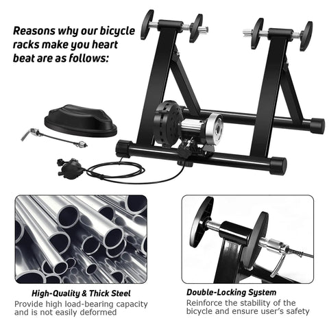 Indoor Bike Trainer Stand With 8 Levels Of Resistance showing steel frame and double-locking system details.