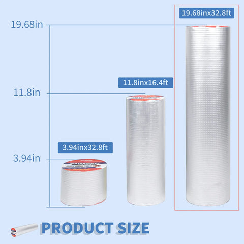 Heavy Duty Butyl Waterproof Tape 20 Inch By 32.8 Feet Aluminum Foil Backed Seal Strip size chart showing three options