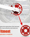 Beefed Up Rear Chain Sprocket For Hawk 250 428 50T CNC 7075 Aluminum Alloy Red Direct Fit Replacement shown installed