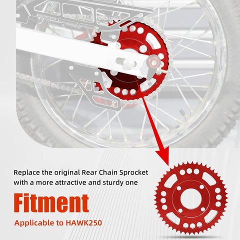 Beefed Up Rear Chain Sprocket For Hawk 250 428 50T CNC 7075 Aluminum Alloy Red Direct Fit Replacement shown installed