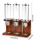 Rock Solid Three Barrel Grain Dispenser For The Kitchen Counter With Smooth Pour Valves And Sturdy Sapelli Wood Base Holds 12 Liters Of Coffee Beans Or Snacks.