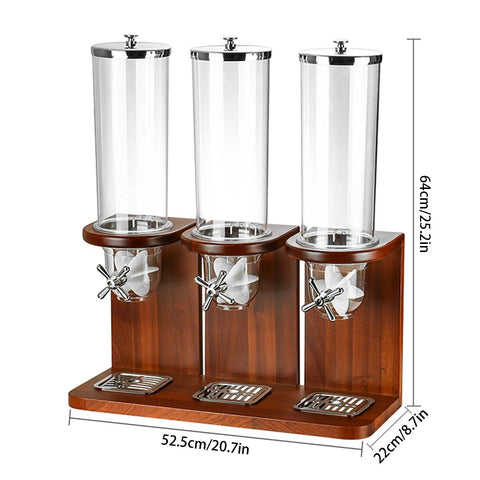 Rock Solid Three Barrel Grain Dispenser For The Kitchen Counter With Smooth Pour Valves And Sturdy Sapelli Wood Base Holds 12 Liters Of Coffee Beans Or Snacks.