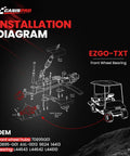 Installation diagram for EZGO TXT front wheel hub assembly with OEM part numbers for golf carts from 2001.5-2013.