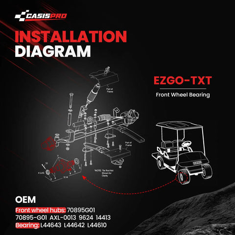 Installation diagram for EZGO TXT front wheel hub assembly with OEM part numbers for golf carts from 2001.5-2013.