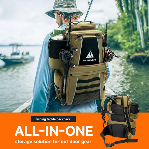 boundary waters tackle box backpack EGO (Typhon) and four clear tackle trays MATEIN Fishing Backpack for Men,