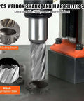 6-piece Weldon-shank annular cutter set for magnetic drills; M2AL HSS with pilot pin and portable case (1" depth, 1/2"–1-1/16" dia).