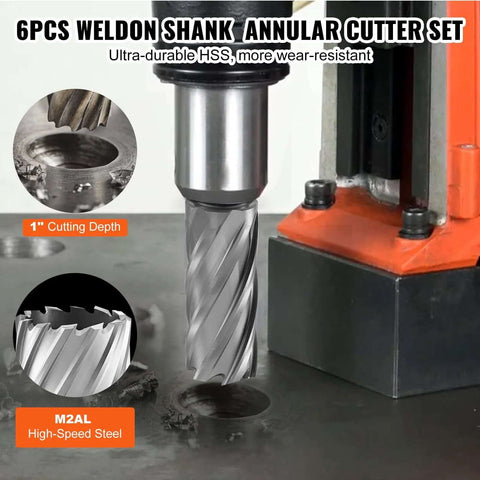 6-piece Weldon-shank annular cutter set for magnetic drills; M2AL HSS with pilot pin and portable case (1" depth, 1/2"–1-1/16" dia).
