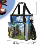 Farm Vintage Tractor Style Coffee Maker Bag Travel Organizer with pockets, showing tractor design and size dimensions