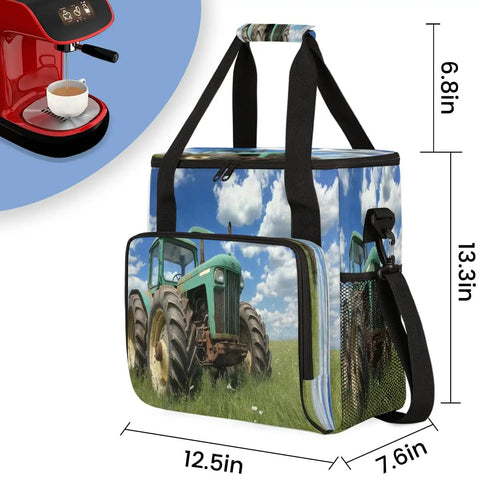 Farm Vintage Tractor Style Coffee Maker Bag Travel Organizer with pockets, showing tractor design and size dimensions