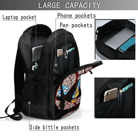 Conveyor Belt Inspired Travel Laptop Backpack With USB Port And Headphone Jack, showing 12 pockets, polyester, fits 13 to 16 inch laptops.